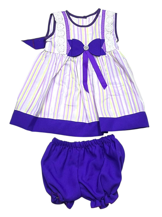 VESTIDO SIN MANGAS ESTAMPADO RAYAS CON MOÑO EN CINTURA INCLUYE CALZÓN