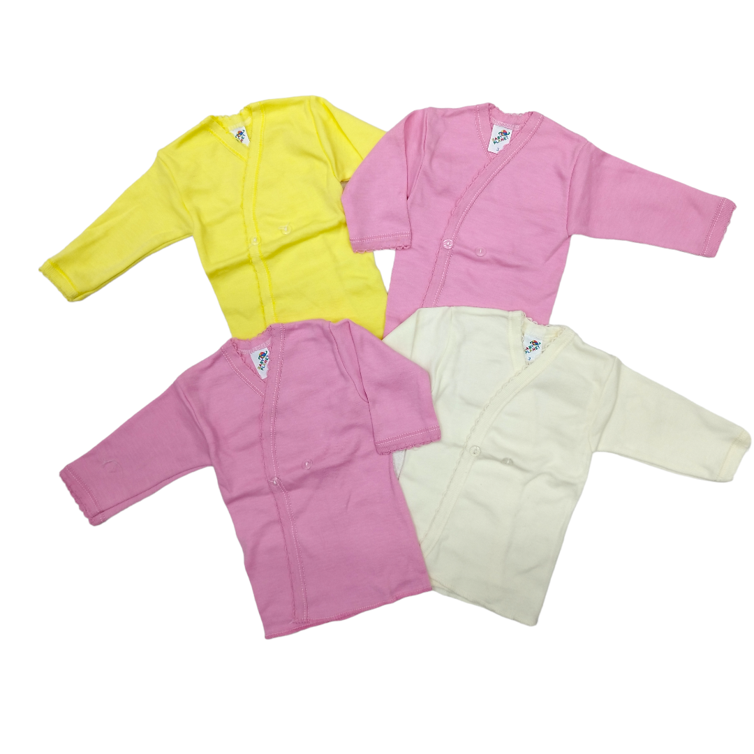 4 pack Camisas Cruzadas para bebé con botón al frente en colores pastel y 100% algodón