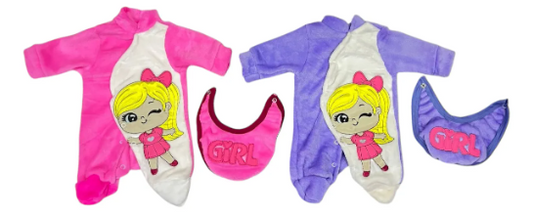 2 Pack Mameluco Suavecito Y Babero con divertidos bordados para Recién Nacido