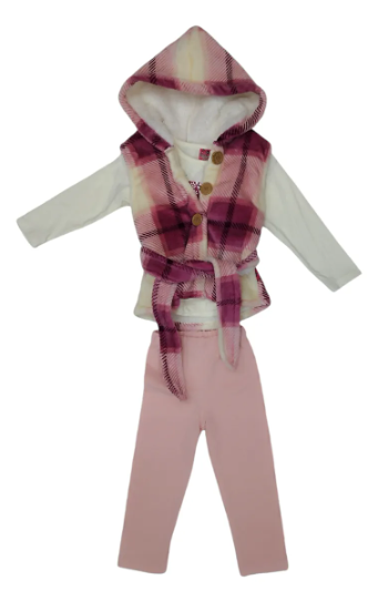 Conj Chaleco Cuadros Con Borrega, Playera Y Leggins Niñas