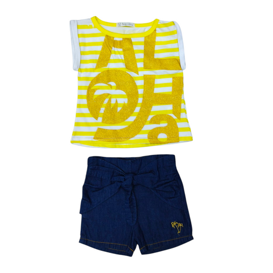 Conjunto Niña 3 Pzs 2-6 Años: Blusas y Short Mezclilla Bordado Palmera