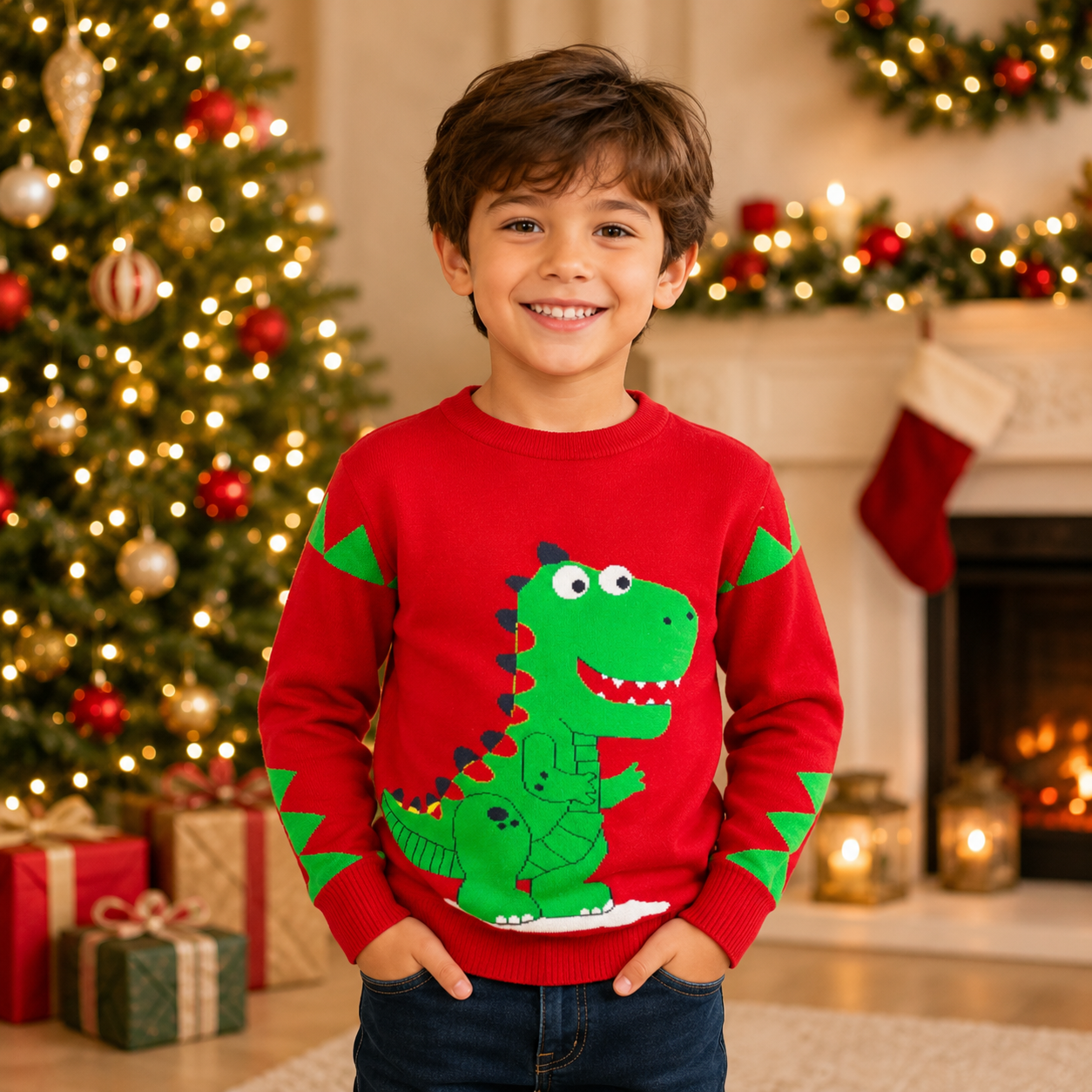 Sueter Cuello Redondo Navideño Extra Suave Dinosaurio Niños