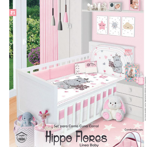 Juego Cama Cuna Con Edredón HIPPO FLORES, Incluye 6 Piezas