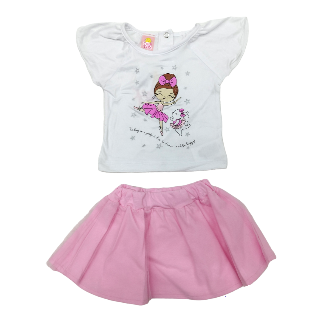 Conj. 2 piezas falda con resorte en cintura y Blusa estampada Bailarina, niñas 2 a 6 años