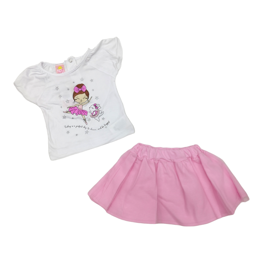 Conj. 2 piezas falda con resorte en cintura y Blusa estampada Bailarina, niñas 2 a 6 años
