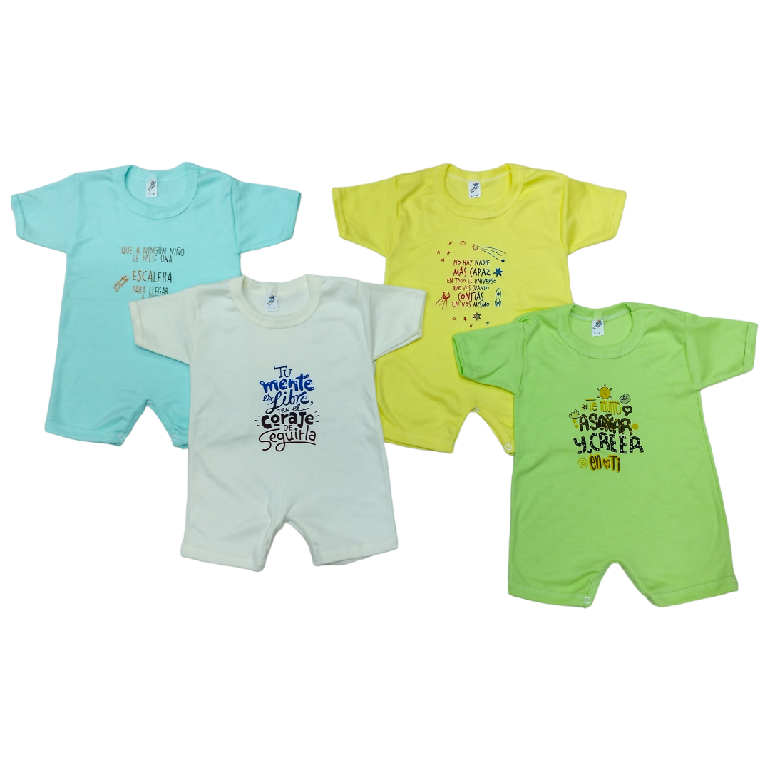 Set 4 Pañaleros Tipo Short 100% Algodón – Manga Corta con Estampados Divertidos (2-4 Años)