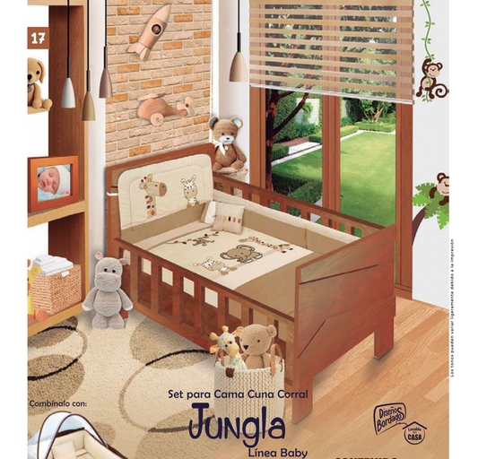 Juego de cama cuna con Edredón MOD. JUNGLA, incluye 6 piezas