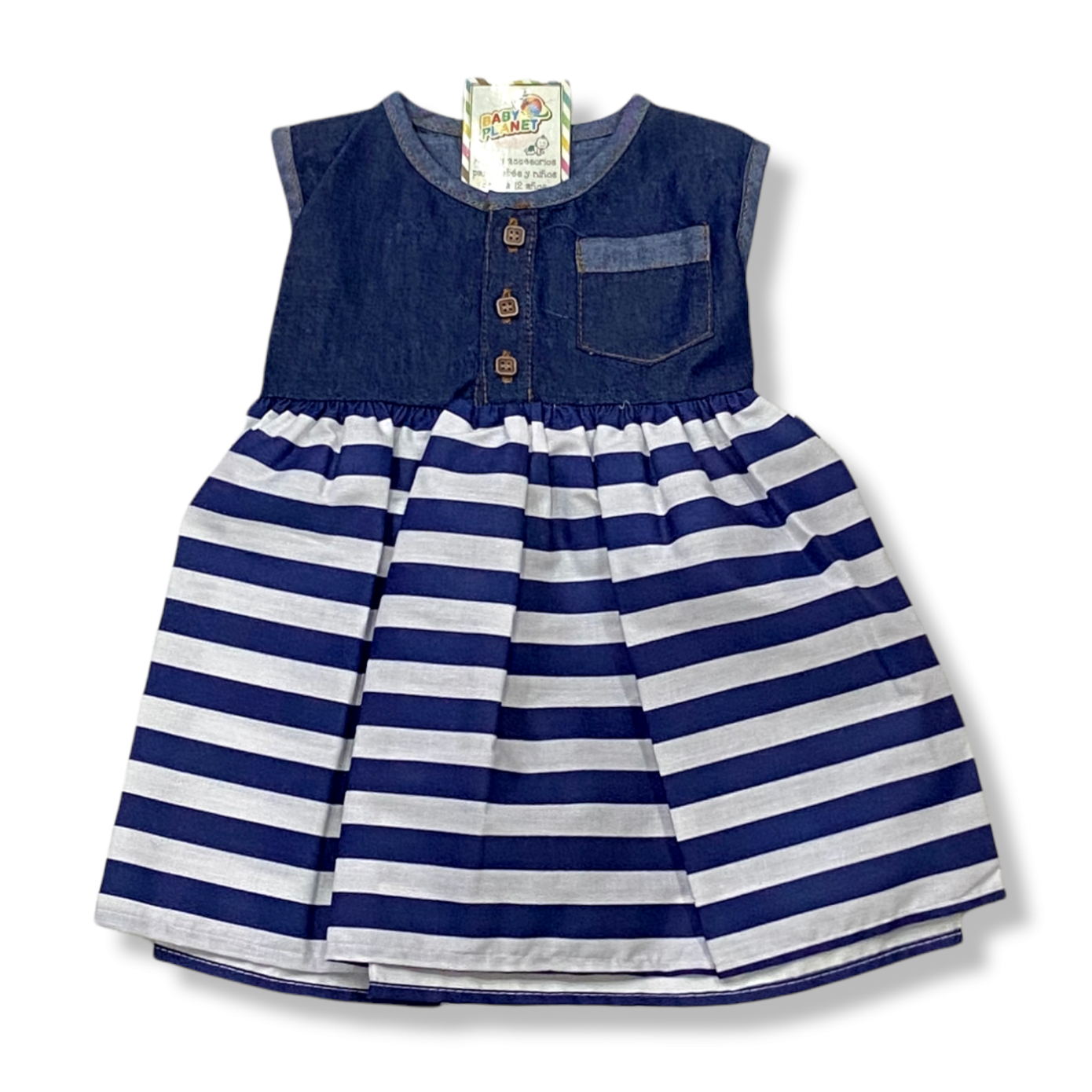 Vestido casual combinación mezclilla y rayas, bebé niña 6 a 24 meses