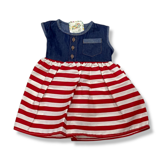 Vestido casual combinación mezclilla y rayas, bebé niña 6 a 24 meses