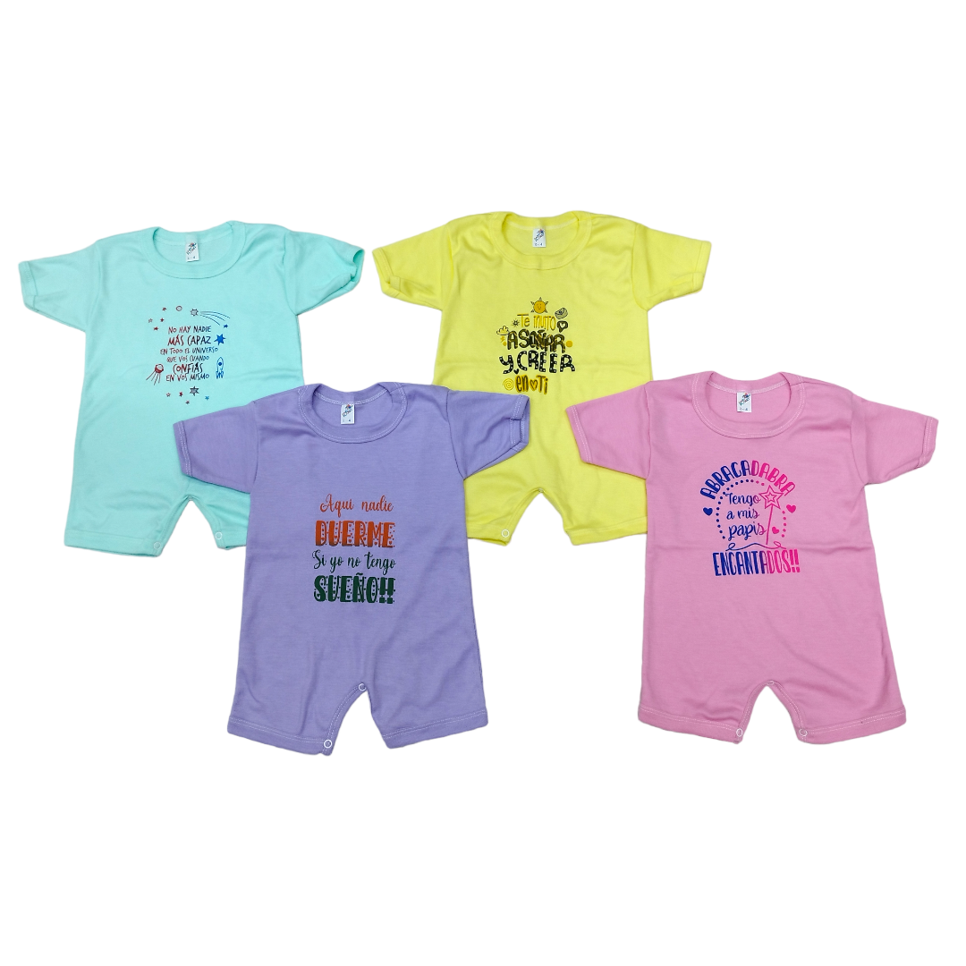Set 4 Pañaleros Tipo Short 100% Algodón – Manga Corta con Estampados Divertidos (2-4 Años)