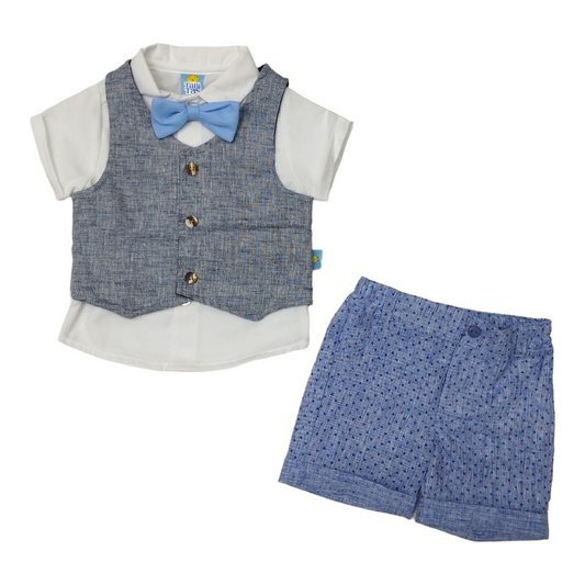 Set de 3 piezas short gabardina, camisa, chaleco lino y moño para bebé niño