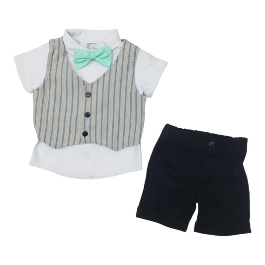 Set de 3 piezas short gabardina, camisa, chaleco rayado lino y moño para bebé niño