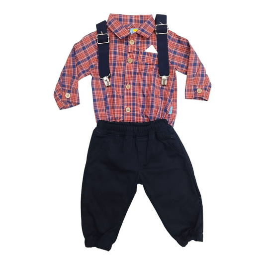 Conjunto 3 piezas con Pantalón Gabardina, Camisa Cuadros y Tirantes para Bebé de 3 hasta 18 meses