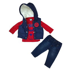 Conjunto 3 piezas con Chaleco Aborregado, Playera manga larga Y Pantalón Mezclilla Bebé