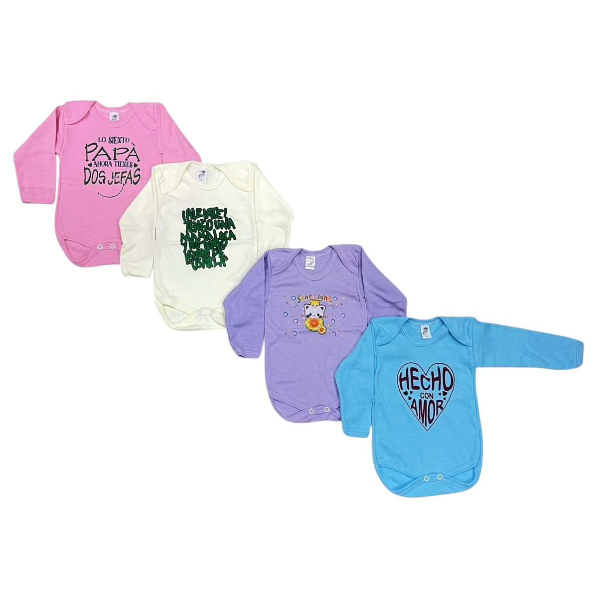 4 Pack de Pañaleros/Bodies Manga Larga para Bebé – 100% Algodón – Colores Pastel Lisos o Estampados – Tallas de 0 a 4 Años