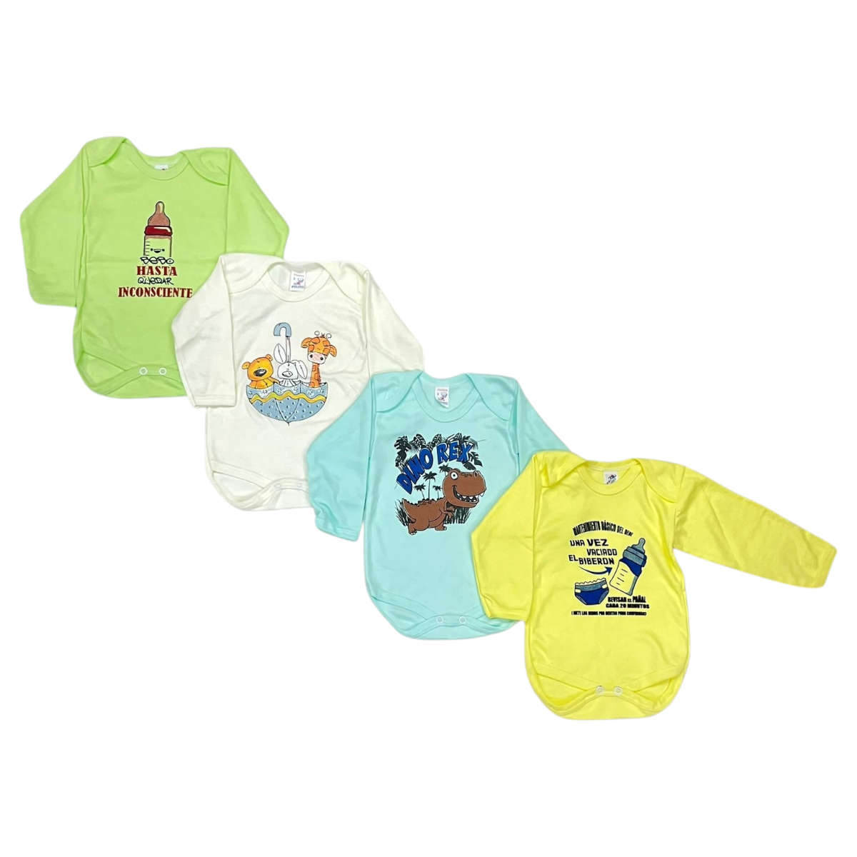 4 Pack de Pañaleros/Bodies Manga Larga para Bebé – 100% Algodón – Colores Pastel Lisos o Estampados – Tallas de 0 a 4 Años