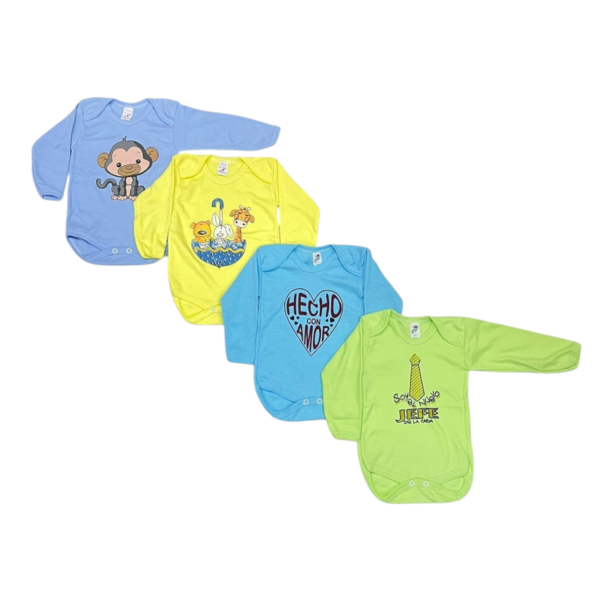 4 Pack de Pañaleros/Bodies Manga Larga para Bebé – 100% Algodón – Colores Pastel Lisos o Estampados – Tallas de 0 a 4 Años