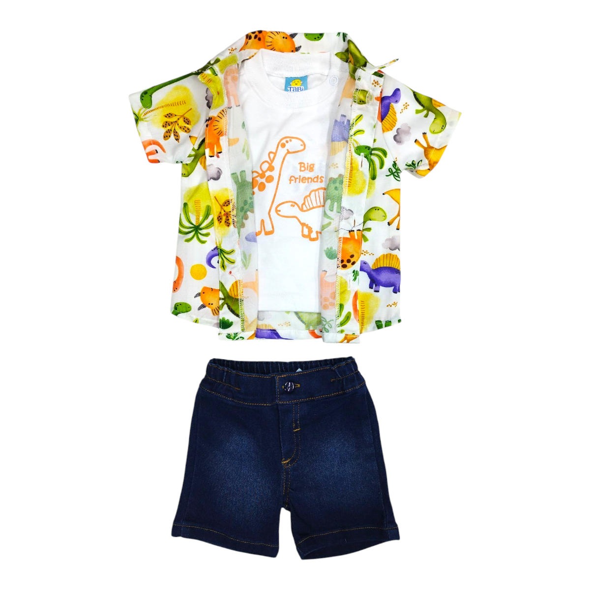 Conj. Bebé 3-18 M: Camisa DINOSAURIO, Playera, Short mezclilla