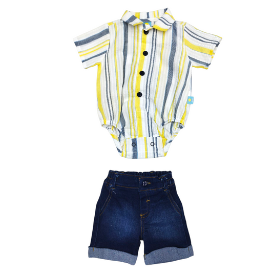 Conj. Bebé 3-18 M: Camisa, pañalero rayas, Short de mezclilla