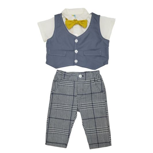 Conj. Bebé 3-18 M: Camisa, Pañalero, Chaleco, Pantalón, Moño