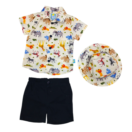 Conj. Bebé 3-18 M: Camisa SAFARI, Short gabardina, Gorro
