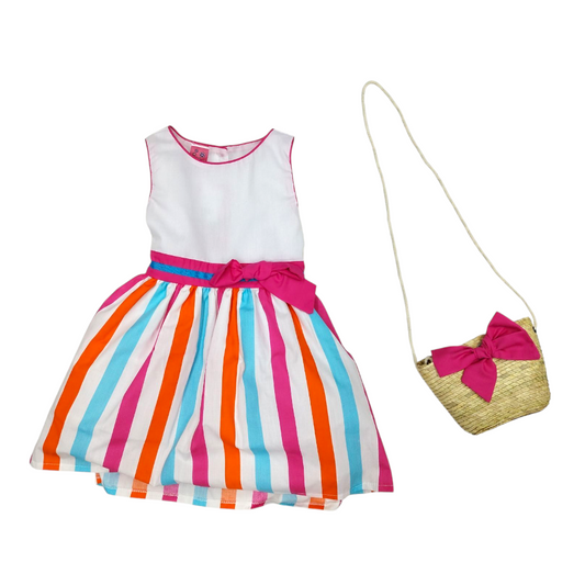 Vestido Rayas y Moño cintura y fondo interior 2-6 A, incluye bolsita