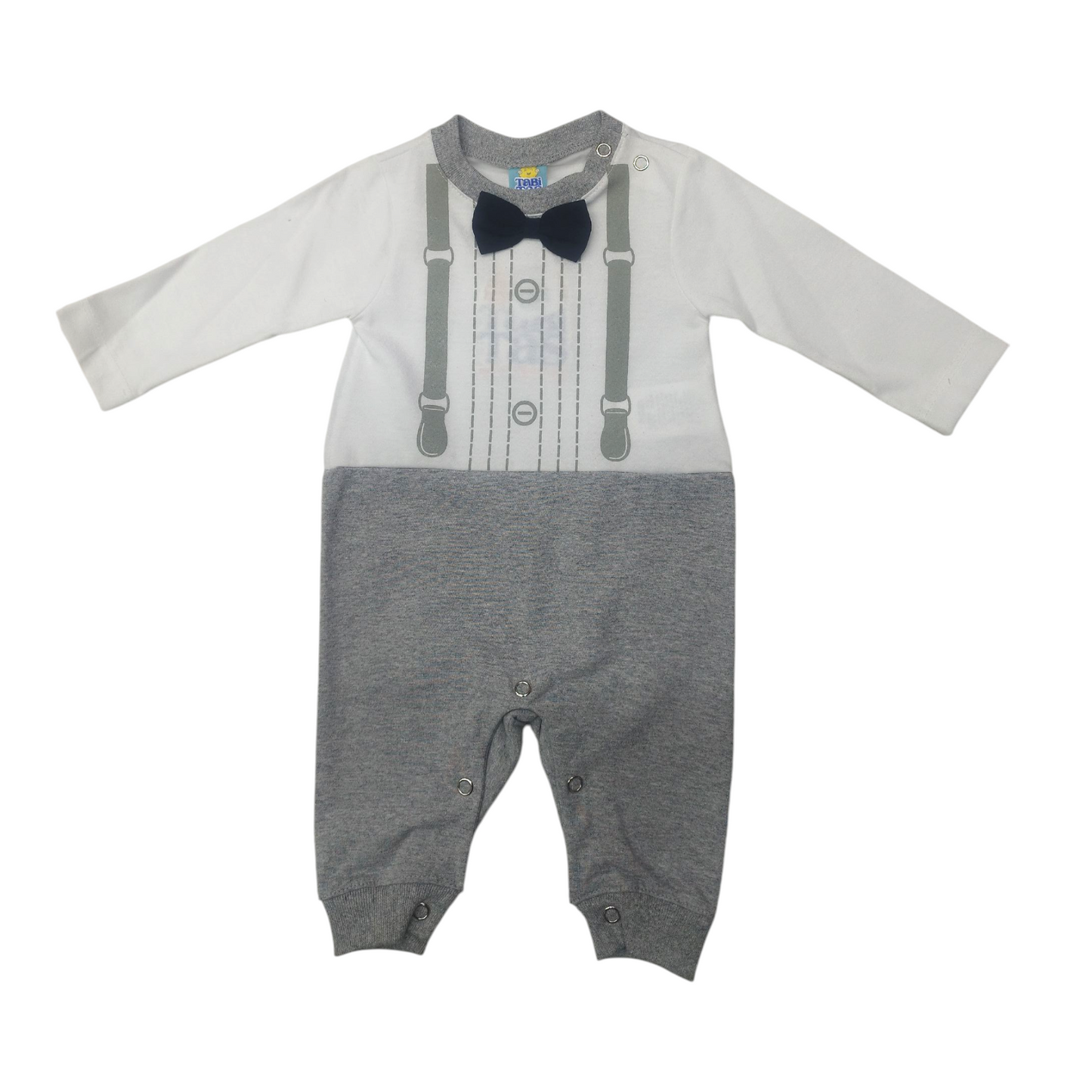 Mameluco Elegante para Niño Blanco con Gris y Moño Azul