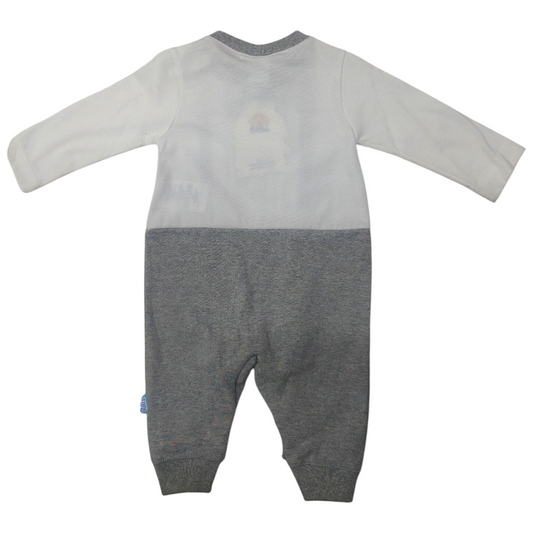 Mameluco Elegante para Niño Blanco con Gris y Moño Azul
