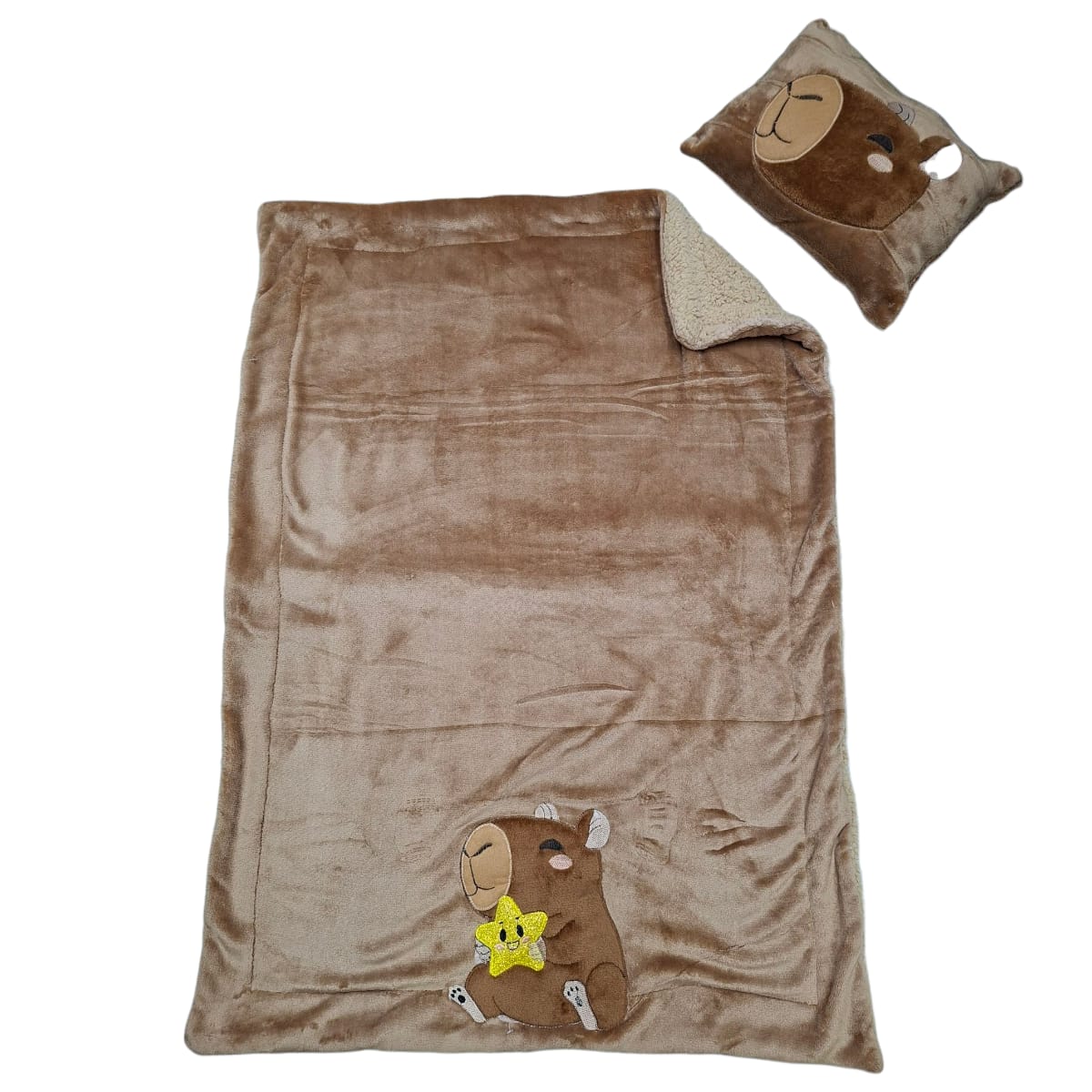 Cobertor aborregado, Almohada, Bordado CAPIBARA, Tamaño Baby