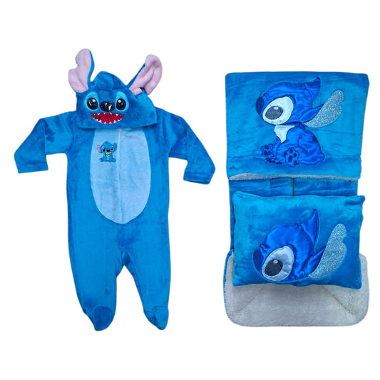 Set Mameluco Disfraz Stitch Bebé Disney Con Cobija Y Almohada