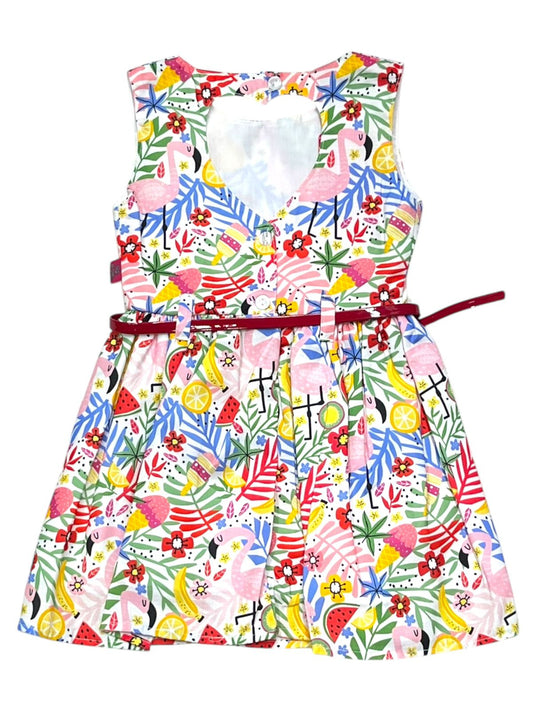 VESTIDO CAMPIRANO ESTAMPADO FLORES Y LISTÓN EN LA CINTURA