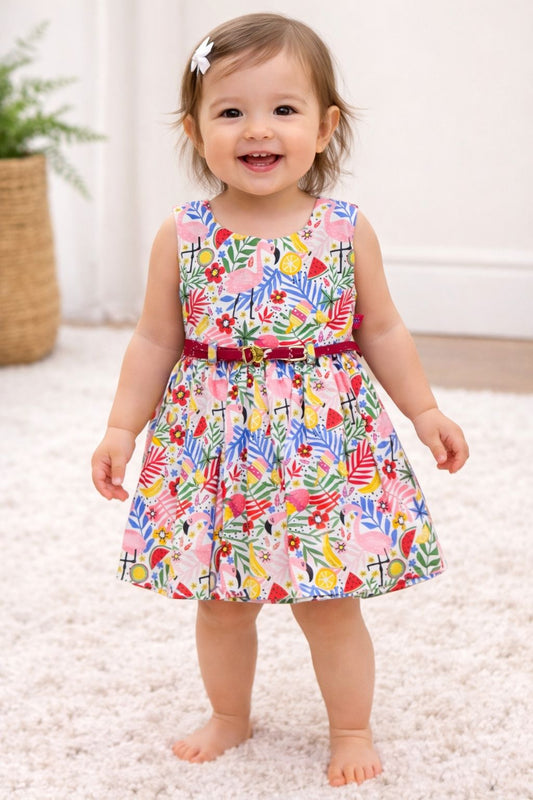 VESTIDO CAMPIRANO ESTAMPADO FLORES Y LISTÓN EN LA CINTURA