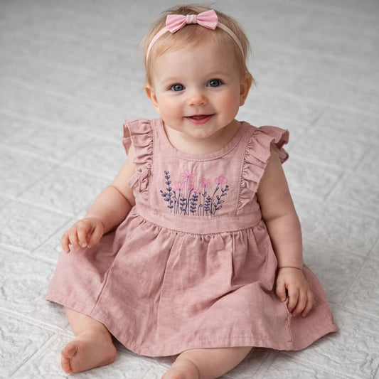 VESTIDO OLANES Y MANGA CORTA CON  ESTAMPADO FLORES PARA BEBÉS NIÑAS