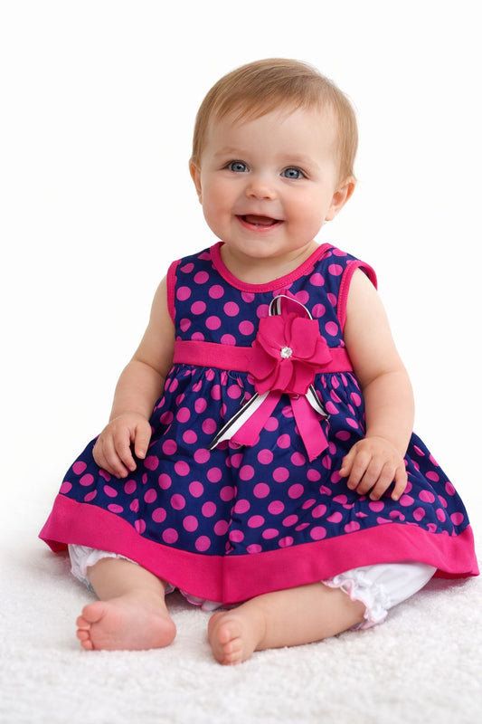 VESTIDO SIN MANGAS ESTAMPADO LUNARES, MOÑO EN CINTURA, INCLUYE CALZÓN