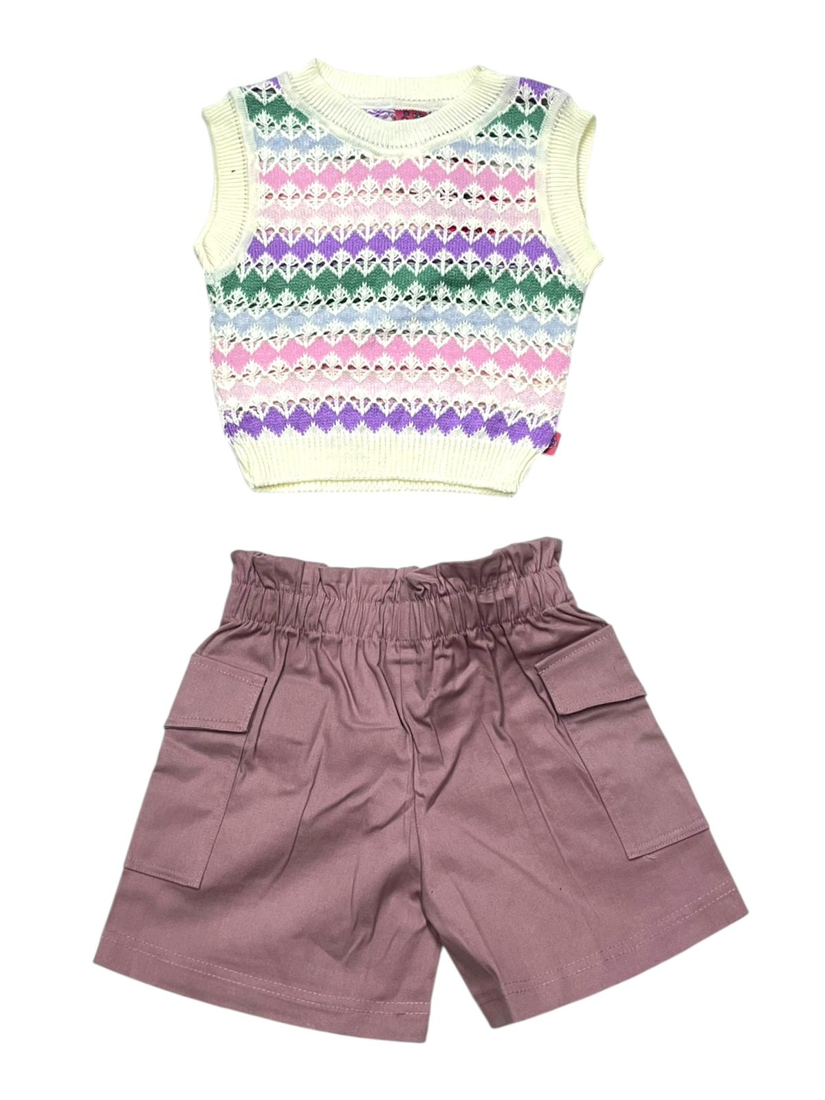CONJUNTO 2P PARA NIÑAS CON BLUSA TEJIDA SIN MANGAS Y SHORT