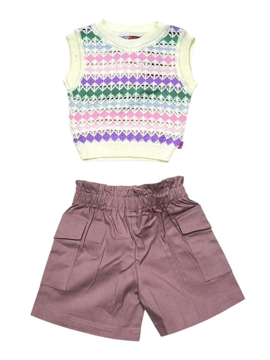 CONJUNTO 2P PARA NIÑAS CON BLUSA TEJIDA SIN MANGAS Y SHORT