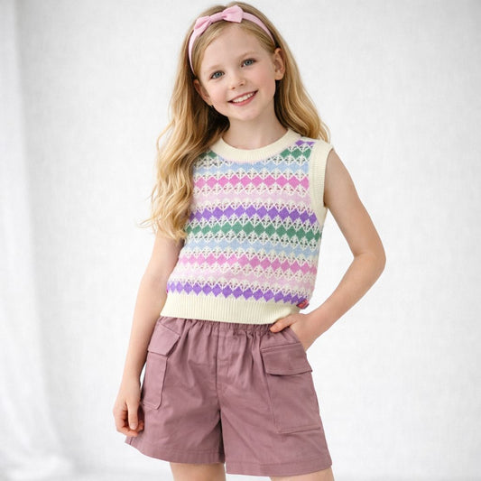 CONJUNTO 2P PARA NIÑAS CON BLUSA TEJIDA SIN MANGAS Y SHORT