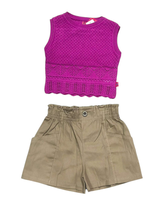 CONJUNTO 2P PARA NIÑAS CON BLUSA TEJIDA SIN MANGAS Y SHORT CON BOLSAS