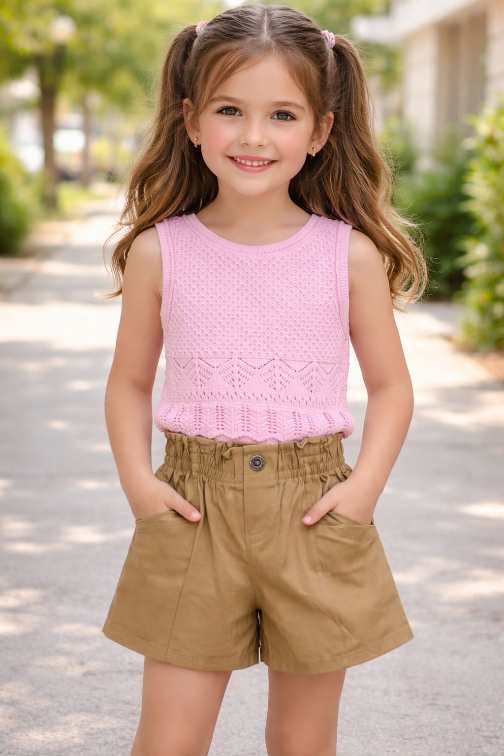 CONJUNTO 2P PARA NIÑAS CON BLUSA TEJIDA SIN MANGAS Y SHORT CON BOLSAS