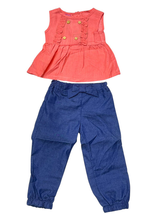 CONJ PARA NIÑA BLUSA SIN MANGAS, DETALLES AL FRENTE, JOGGER MEZCLILLA