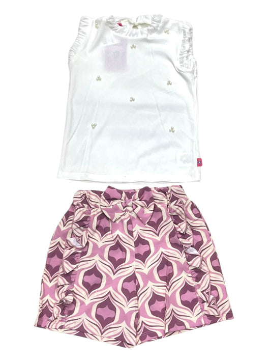 CONJ 2P BLUSA SIN MANGAS DETALLES DE PERLAS Y SHORT ESTAMPADO Y MOÑO