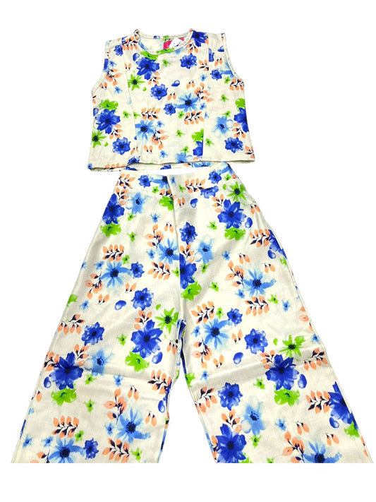 CONJ ESTAMPADO FLORES PARA NIÑAS CON TOP SIN MANGAS Y PANTALON JOGGER