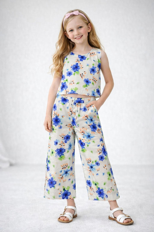 CONJ ESTAMPADO FLORES PARA NIÑAS CON TOP SIN MANGAS Y PANTALON JOGGER