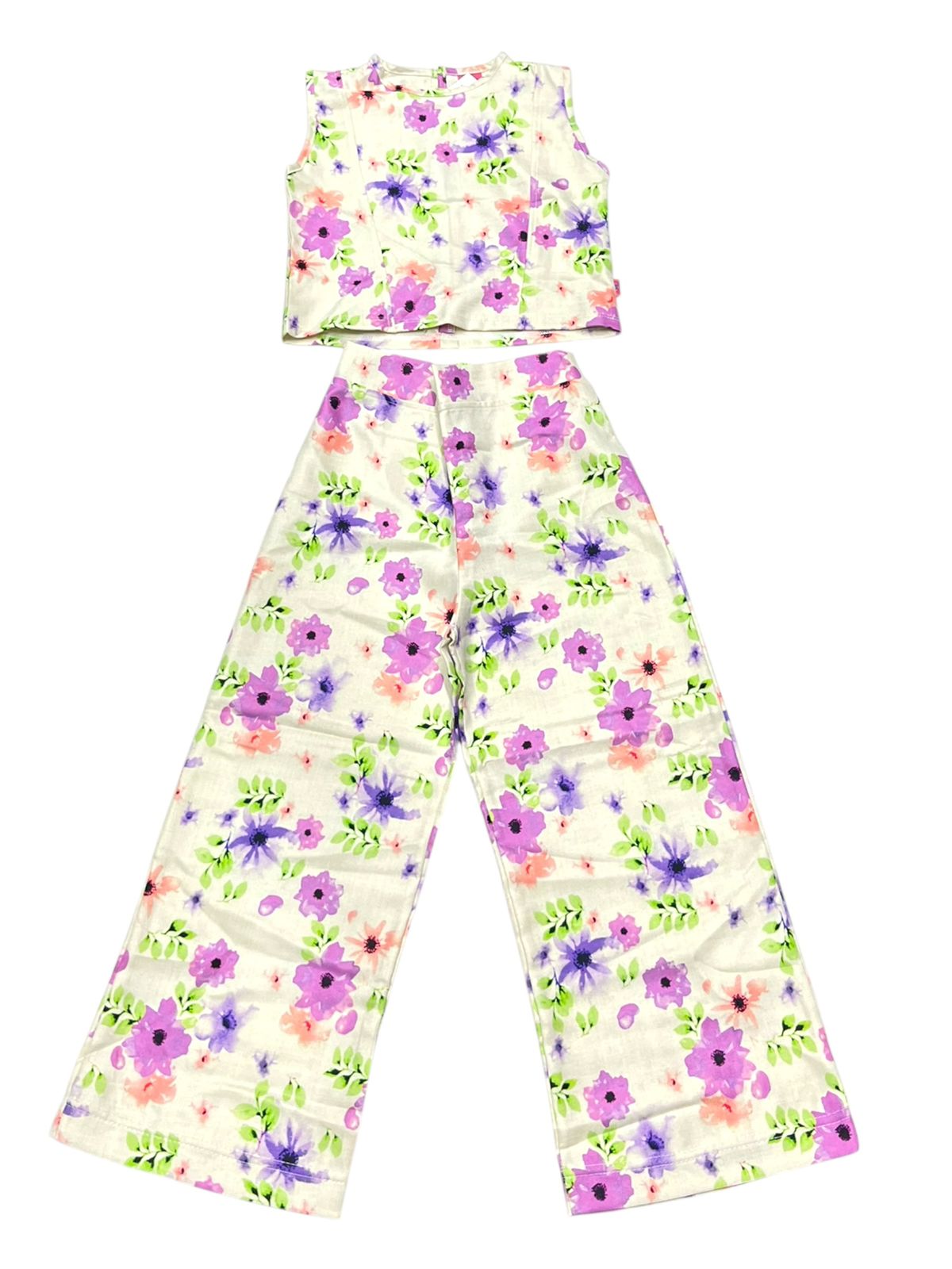 CONJ ESTAMPADO FLORES PARA NIÑAS CON TOP SIN MANGAS Y PANTALON JOGGER