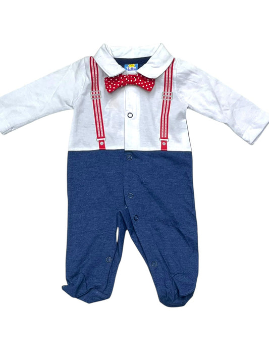 MAMELUCO PARA BEBÉ NIÑO PIE CERRADO Y DETALLES CON MOÑO Y TIRANTES
