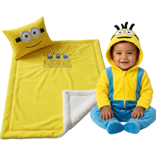 Set para Bebé Minions con Mameluco, Cobija con Borrega y Almohada