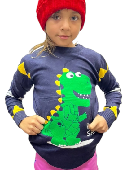 Sueter Cuello Redondo Navideño Extra Suave Dinosaurio Niños