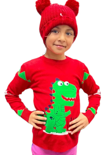 Sueter Cuello Redondo Navideño Extra Suave Dinosaurio Niños