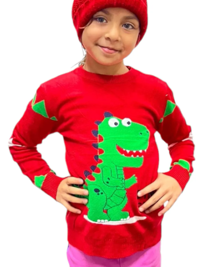 Sueter Cuello Redondo Navideño Extra Suave Dinosaurio Niños