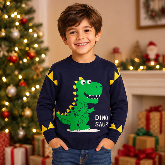 Sueter Cuello Redondo Navideño Extra Suave Dinosaurio Niños